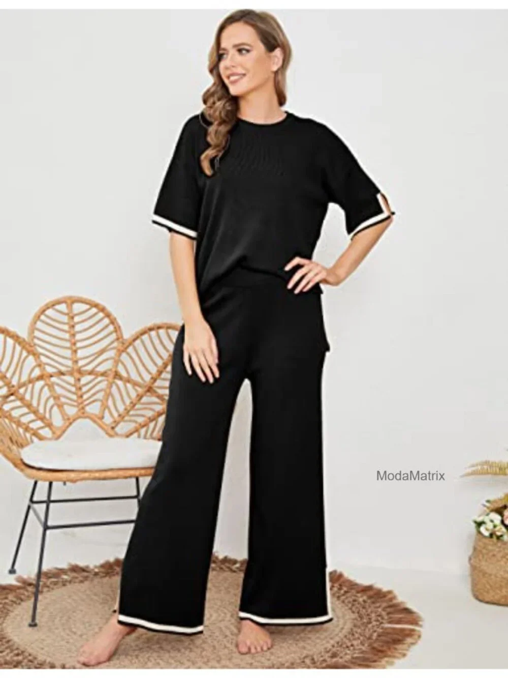 Knit 2 Piece Sweater Set Lounge Set Short Sleeve Pullover Wide Leg Pants